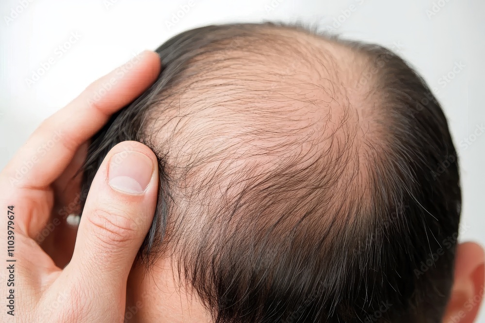 Fototapeta premium Close-up of a Man’s Hand Gently Touching His Balding Scalp to Highlight Thinning Hair and Hair Loss in a Subtle Indoor Setting with Soft Focus