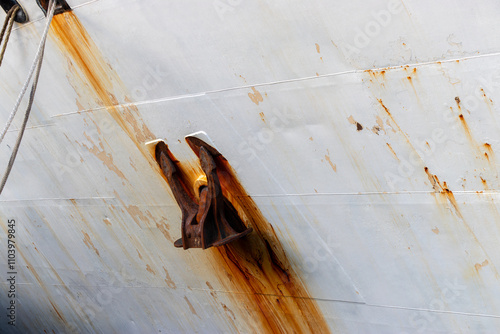 A rusted ship anchor mounted on a weathered, white metal hull, with streaks of rust cascading down, creating a dramatic contrast between decay and maritime functionality. photo