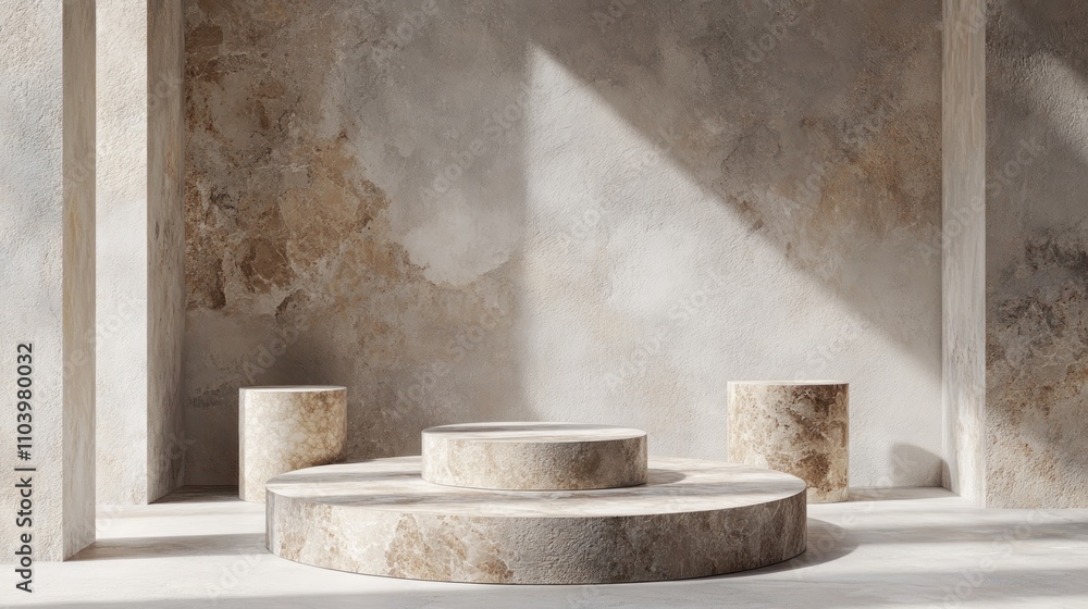 A minimalist interior with circular stone platforms and textured walls, emphasizing simplicity. A minimalist interior with circular stone platforms and textured walls, emphasizing simplicity.