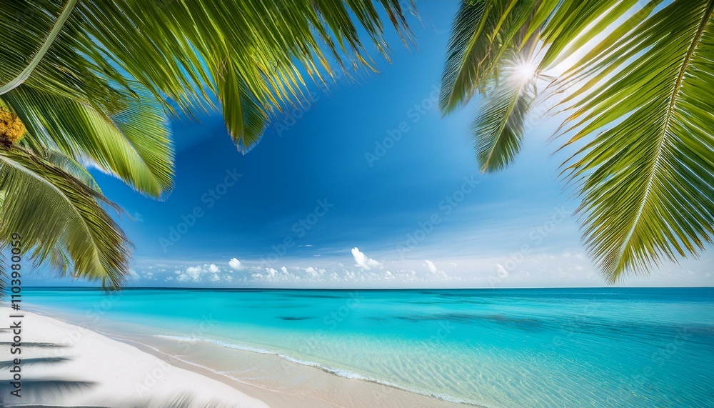 Tropical beach paradise: White sand, turquoise water, and swaying palm trees. Tropical beach paradise: White sand, turquoise water, and swaying palm trees.