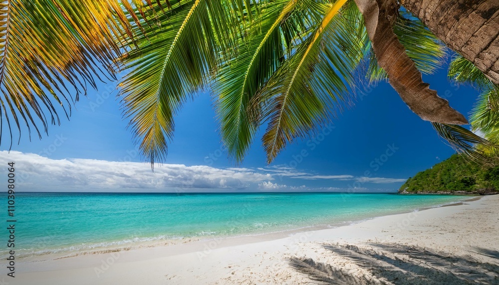Palm trees frame a stunning beach scene. Turquoise water meets white sand under a vibrant blue sky. Palm trees frame a stunning beach scene. Turquoise water meets white sand under a vibrant blue sky.