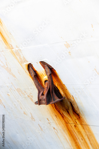 A rusted ship anchor mounted on a weathered, white metal hull, with streaks of rust cascading down, creating a dramatic contrast between decay and maritime functionality. photo