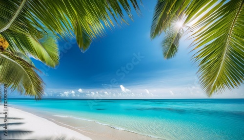 Tropical beach paradise: White sand, turquoise water, and swaying palm trees.