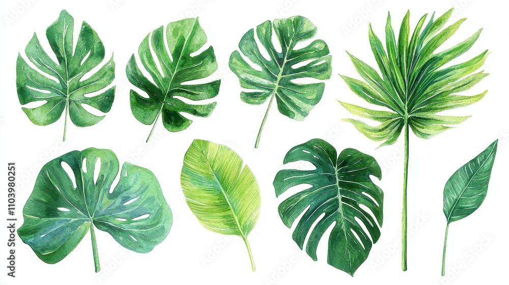 Obraz premium Tropical Palm Leaves Watercolor Clipart, vibrant hand-painted palm leaves against a crisp white backdrop, perfect for summer-themed designs and creative projects.