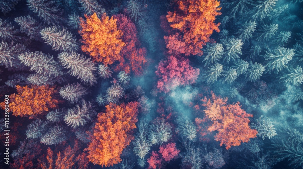 A vibrant aerial view showcases colorful trees in a forest. The interplay of hues creates a stunning landscape. A perfect visual for nature lovers. Generative AI