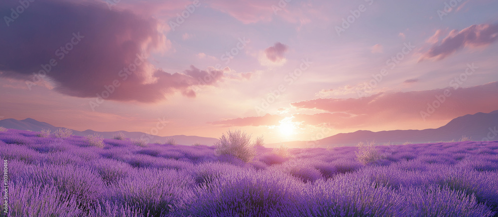 Lavender field panorama, golden hour, sunset, sunrise