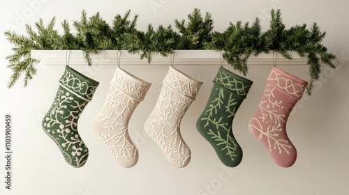 Festive Vintage Christmas Stockings - 3D Render with Intricate Embroidery and Surprises on Mantel | Isolated White Background, Ultra-Detailed Illustration