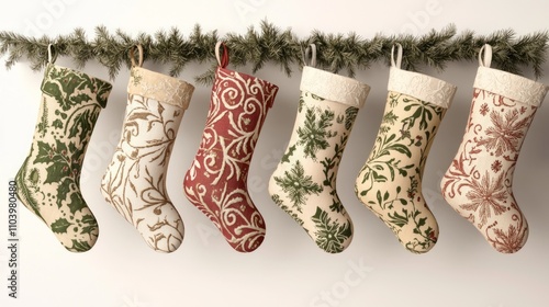 Festive Vintage Christmas Stockings Hanging on Mantel with Intricate Embroidery and Surprises | 3D Render Illustration on White Background