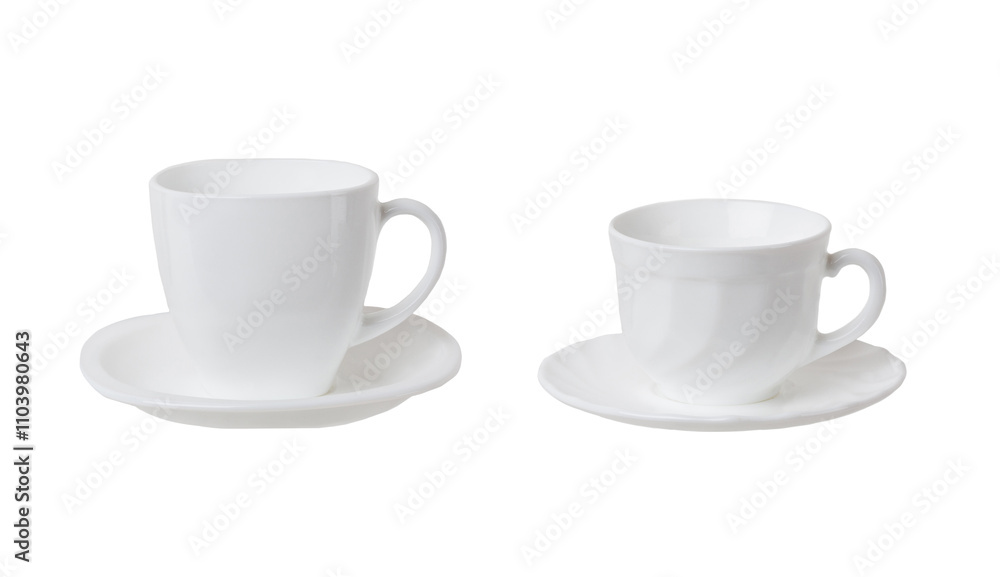 Collage two white Empty tea cups with saucer isolated on white background Collage two white Empty tea cups with saucer isolated on white background