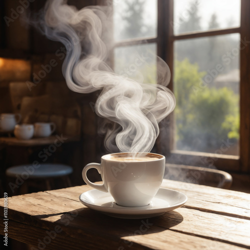 A steaming white ceramic coffee cup placed on a rustic wooden table