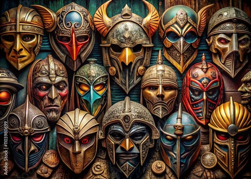 Warrior Masks Collection: Spartan Helmets and Gladiator Superhero Designs for Creative Projects and Graphic Use