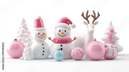Festive Holiday Charms in 3D Render with Snowmen, Reindeer, and Christmas Trees on White Background