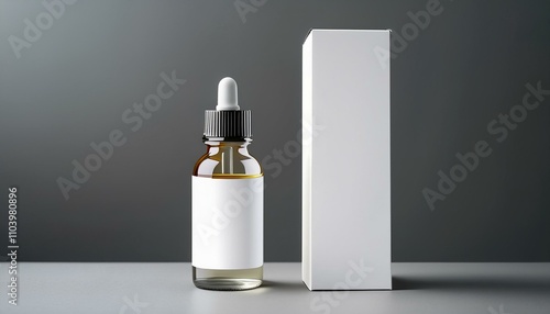 Amber glass bottle with a dropper and blank label next to a white box on a gray background.