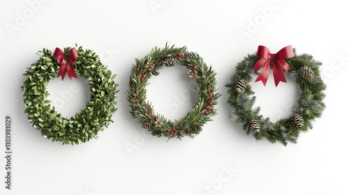 Festive Christmas Wreaths 3D Render - Fresh Greenery, Pinecones, Red Ribbons, Ornaments | Isolated White Background | Ultra-Detailed Illustration
