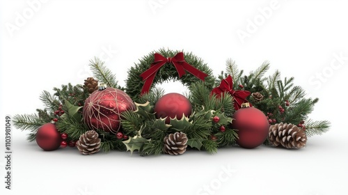 Elegant Christmas Wreaths Showcase - Ultra-Detailed 3D Render of Festive Holiday Decorations with Greenery, Pinecones, Red Ribbons, and Ornaments on White Background