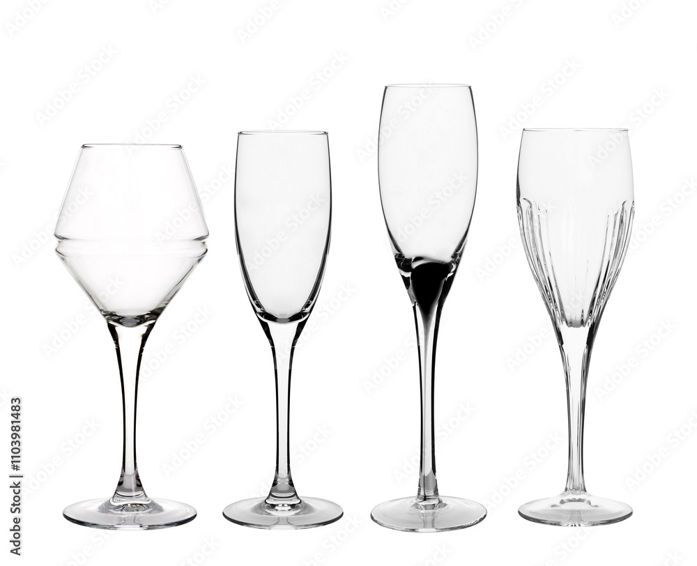 Collage four empty, transparent wine glasses isolated on white background Collage four empty, transparent wine glasses isolated on white background