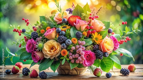 Watercolor Festive Bouquet of Colorful Flowers and Blackberries Surrounded by Lush Green Leaves for a Vibrant and Cheerful Atmosphere