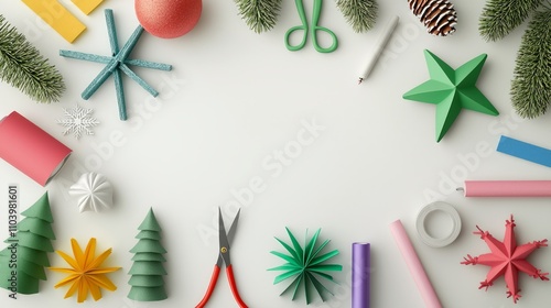 Festive Christmas Crafting Supplies Flat Lay - 3D Render Illustration on White Background