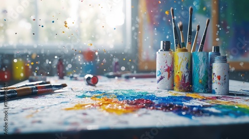 An artistic workspace filled with vibrant colors and paint supplies. Brushes dipped in paint capture creativity. The atmosphere is alive with artistic expression. Generative AI