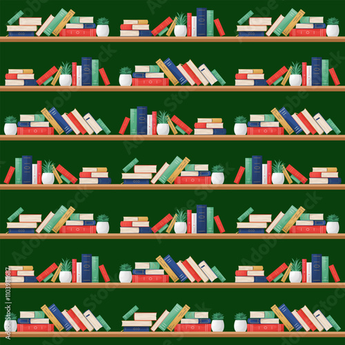 Pattern with colorful books on shelves