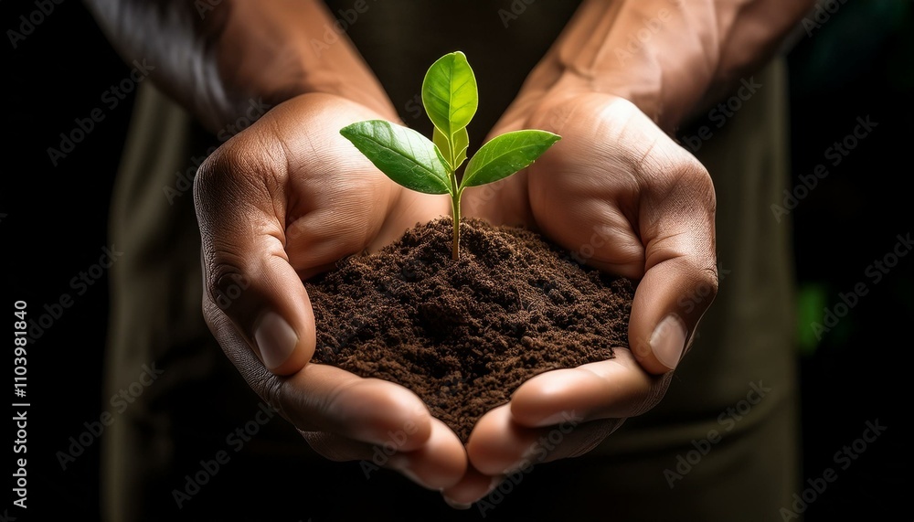Dark-skinned hands gently cradle a young plant, symbolizing growth and nurture. Dark-skinned hands gently cradle a young plant, symbolizing growth and nurture.