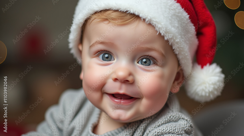 Happy Smiling Baby in Red Santa Hat Portrait Close-up, Christmas Child Happy Smiling Baby in Red Santa Hat Portrait Close-up, Christmas Child