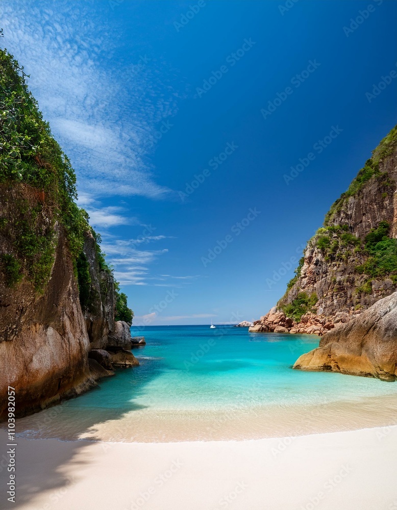 Secluded tropical cove with crystal-clear turquoise water and white sand beach. Secluded tropical cove with crystal-clear turquoise water and white sand beach.