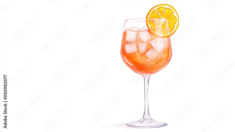 Hand-painted watercolor illustration of a Spritz cocktail glass adorned with an orange slice, featuring a simple sketch style on a clean white background Hand-painted watercolor illustration of a Spritz cocktail glass adorned with an orange slice, featuring a simple sketch style on a clean white background
