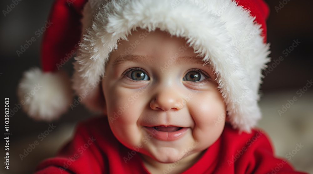 Happy Smiling Baby in Red Santa Hat Portrait Close-up, Christmas Child Happy Smiling Baby in Red Santa Hat Portrait Close-up, Christmas Child
