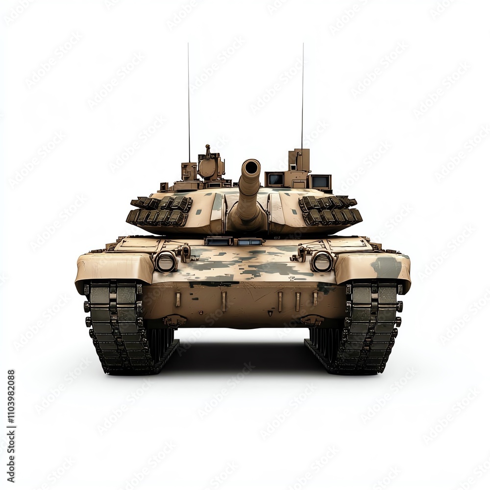 A military tank displays a camouflaged design, showcasing its powerful turret and robust tracks, standing ready for action. A military tank displays a camouflaged design, showcasing its powerful turret and robust tracks, standing ready for action.