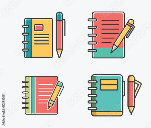Notepad set with pen vector Of Stationary Illustration, Notebook icon set isolated on white background