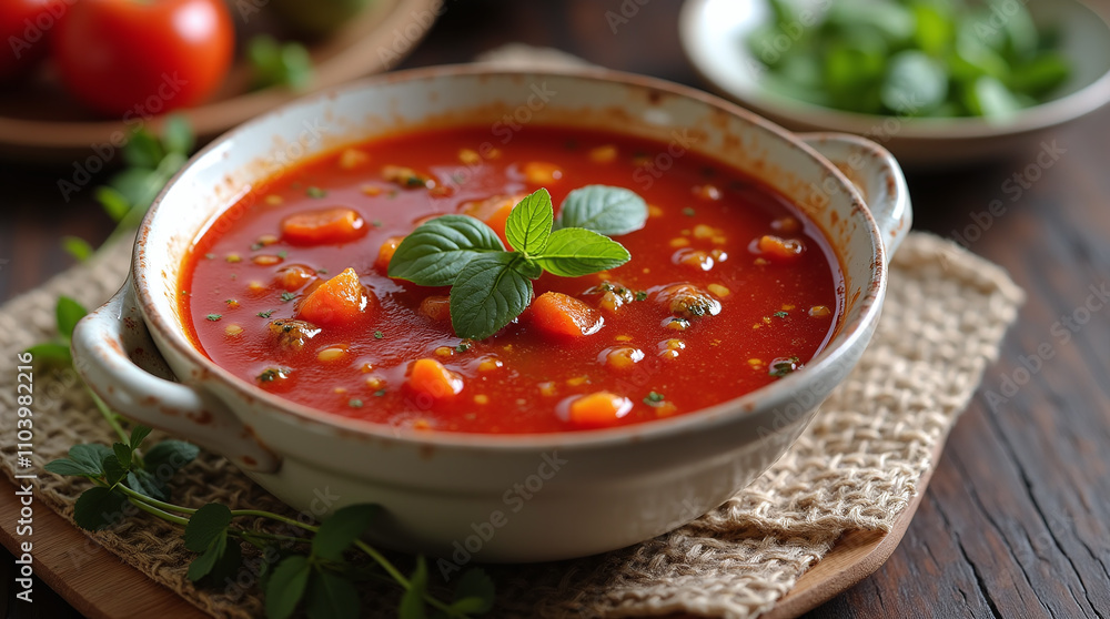Vegetable Tomato Red Soup Served with Herbs, Borscht Vegetable Tomato Red Soup Served with Herbs, Borscht