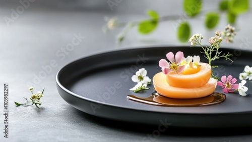 Wallpaper Mural Gourmet presentation of sliced peaches with edible flowers on elegant black plate Torontodigital.ca