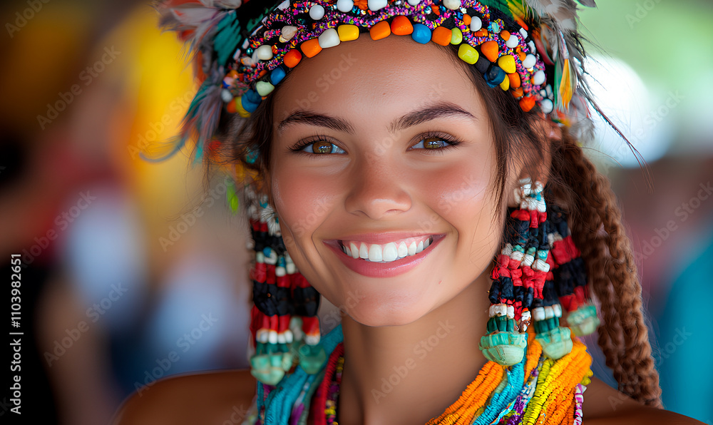 A joyful woman adorned with bright beads and feathers smiles warmly at a lively cultural festival A joyful woman adorned with bright beads and feathers smiles warmly at a lively cultural festival