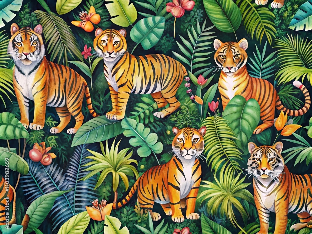 Obraz premium Watercolor Jungle Adventure with Tigers and Panthers in a Lush Woodland Setting, Perfect for Children's Textiles, Wrapping Paper, Cards, and Wallpaper Designs