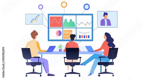 Group of professionals reviewing a virtual report on a shared screen, surrounded by floating chart and graph icons