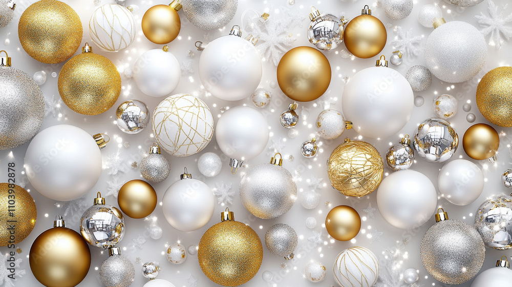 Bright and festive Christmas ornaments in gold, silver, and white create joyful holiday atmosphere, perfect for celebrating season Bright and festive Christmas ornaments in gold, silver, and white create joyful holiday atmosphere, perfect for celebrating season