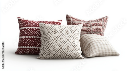 Cozy Holiday Throw Pillows and Blankets 3D Render with Festive Patterns and Textures on Isolated White Background for Seasonal Warmth and Comfort