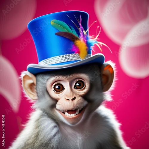 Playful monkey in blue top hat against pink background. Creativity, fun, and curiosity concept photo