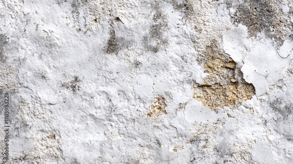 Fototapeta premium Weathered white wall surface with texture and peeling paint in an urban setting