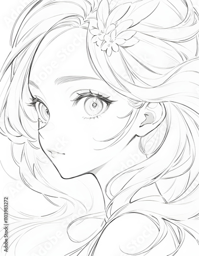 Digital art for children's coloring book of beautiful drawn lines and contours of a woman's face with lush hair.