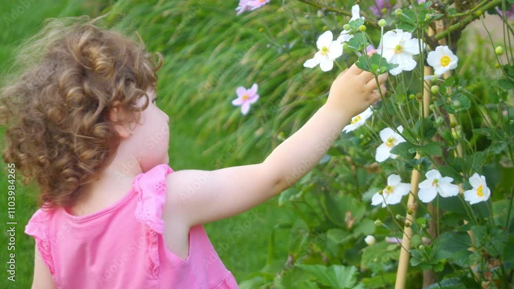 Little girl exploring flowers in a garden, wearing a pink dress, captivated by the beauty of blooms, surrounded by greenery in 4K slow motion 60fps Little girl exploring flowers in a garden, wearing a pink dress, captivated by the beauty of blooms, surrounded by greenery in 4K slow motion 60fps