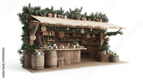 Festive Christmas Market Stall with Handmade Crafts - 3D Render on White Background