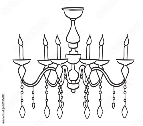 Vintage chandelier sketch. Hand drawn illustration of retro style chandelier. Line art classic crystal lamp with candles. Sketch drawing of antique lamp. Vector design for wedding or party decor.