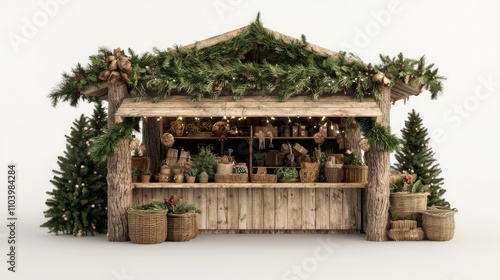 Festive Christmas Market Stall with Handmade Crafts and Decorations in 3D Render Isolated on White Background