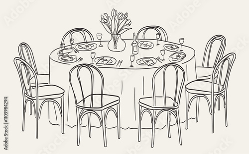 Hand drawn chalk table and chairs illustrations. Italian style wedding dinner table icon. Wine or champagne glass, plates drawings for wedding invitations, cafe menus and parties. Sketch doodle style.