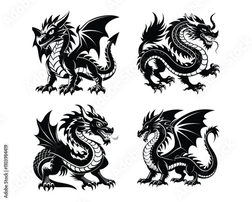 dragon black and white Silhouettes.