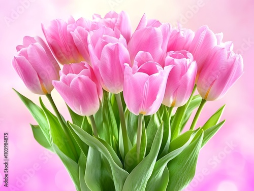 Beautiful composition spring flowers. Bouquet of pink tulips flowers on pastel pink background