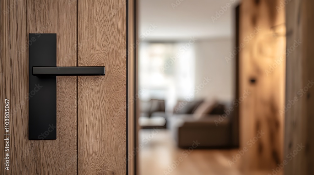 Modern Interior Door Handle on Wooden Door with Blurred Living Room Background, Showcasing Contemporary Design and Home Decor Elements Modern Interior Door Handle on Wooden Door with Blurred Living Room Background, Showcasing Contemporary Design and Home Decor Elements