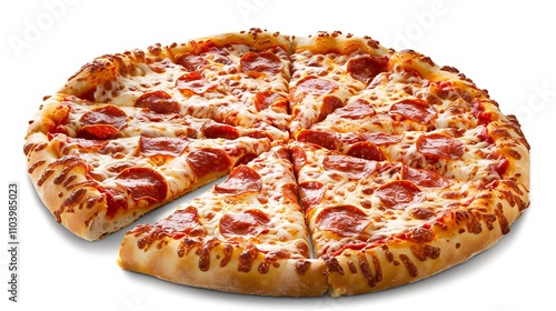 A large pepperoni pizza with a golden-brown crust, sliced into eight even pieces, set against a plain white background for a clean and focused presentation.